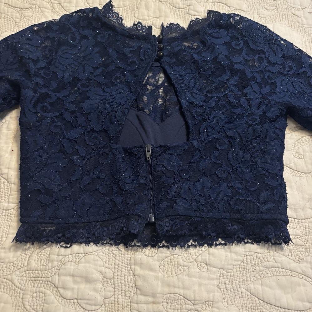 Sequin Heart Junior Miss Lace Crop Top 3 Built In Bra Blue‎ Sleeves Fairy Rave - Picture 2 of 9